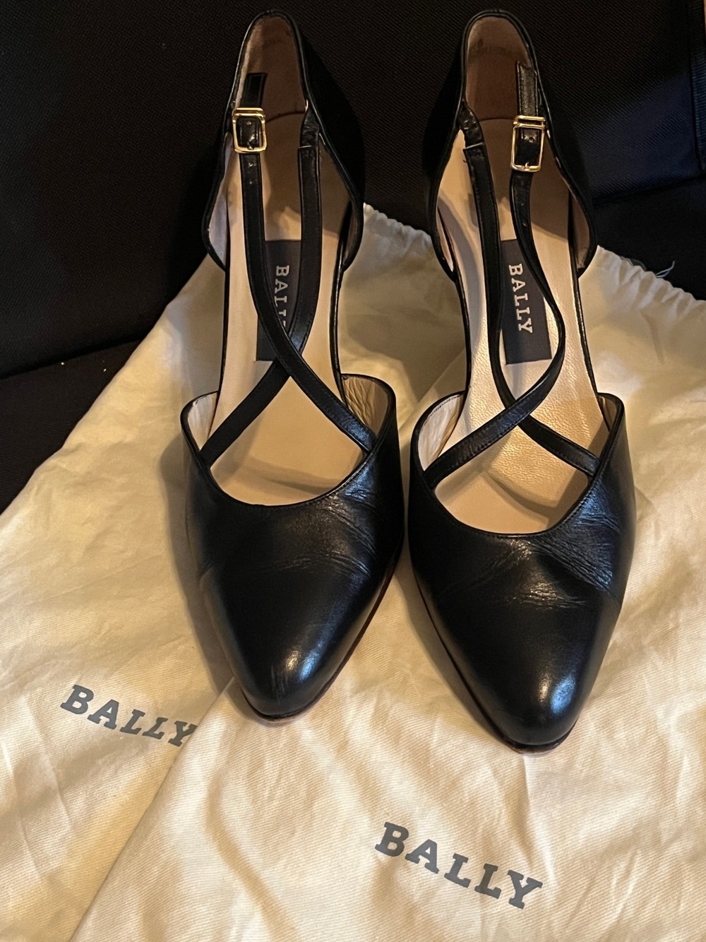 Bally Black Leather Pointed-Toe Strappy T-Bar Pumps